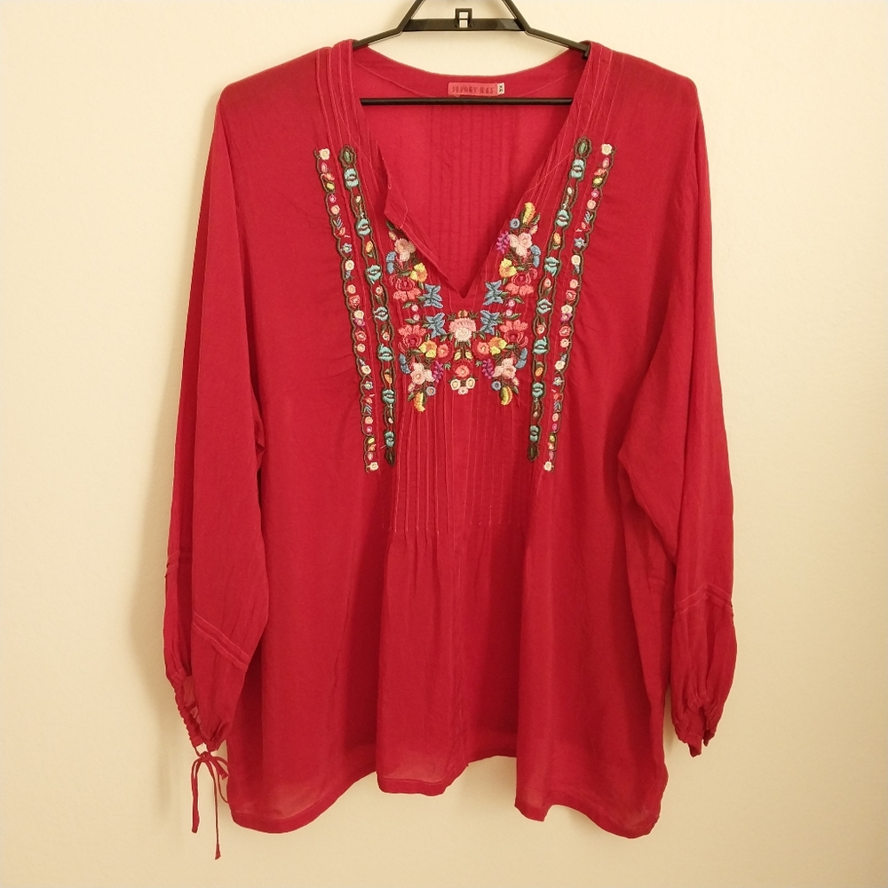 Johnny Was Floral Embroidered Blouse Tie Sleeve V Neck Pleated Back Red